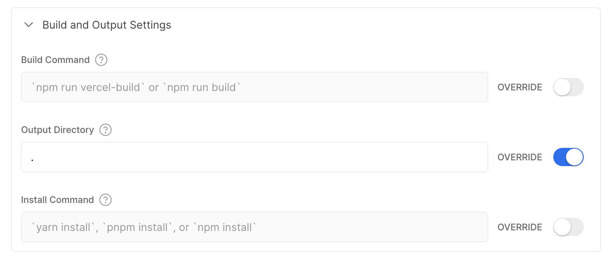 Vercel build and development settings